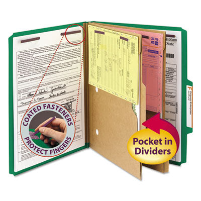 Smead™ 6-Section Pressboard Top Tab Pocket Classification Folders, 6 SafeSHIELD Fasteners, 2 Dividers, Letter Size, Green, 10/Box OrdermeInc OrdermeInc