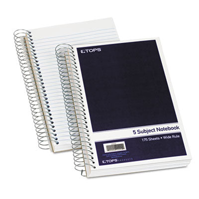 TOPS™ Wirebound Five-Subject Notebook, Wide/Legal Rule, Navy Cover, (175) 9.5 x 6 Sheets - OrdermeInc