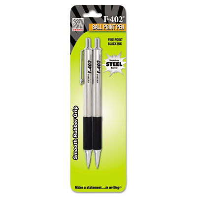 Zebra® F-402 Ballpoint Pen, Retractable, Fine 0.7 mm, Black Ink, Stainless Steel/Black Barrel, 2/Pack - OrdermeInc