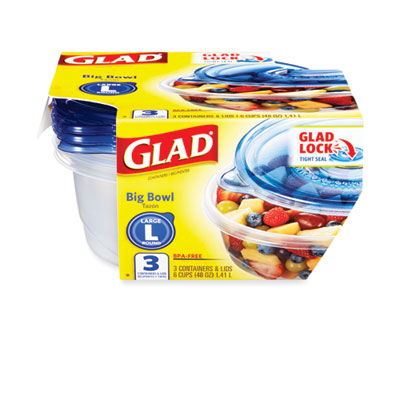 Glad® Big Bowl Food Storage Containers with Lids, 48 oz, Clear/Blue, Plastic, 3/Box - OrdermeInc