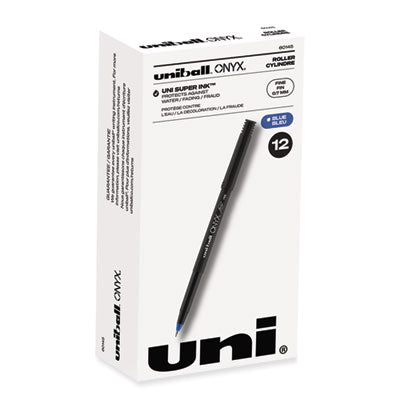 uniball® ONYX Roller Ball Pen, Stick, Fine 0.7 mm, Blue Ink, Black/Blue Barrel, Dozen - OrdermeInc