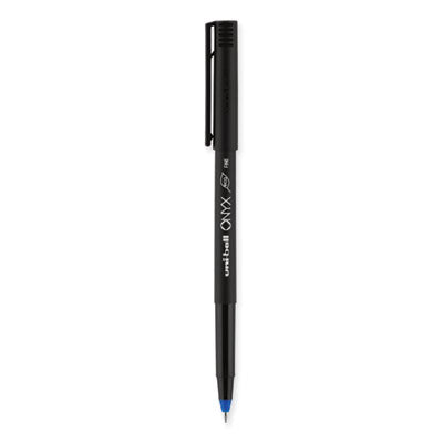 uniball® ONYX Roller Ball Pen, Stick, Fine 0.7 mm, Blue Ink, Black/Blue Barrel, Dozen - OrdermeInc