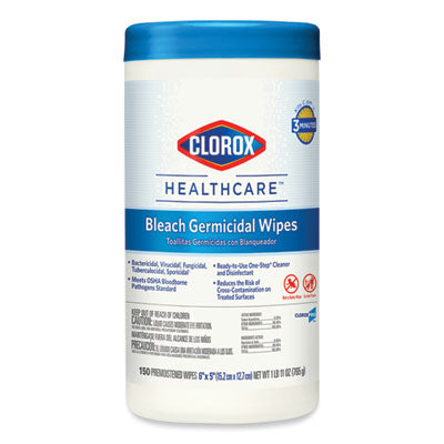 CLOROX SALES CO. Bleach Germicidal Wipes, 1-Ply, 6 x 5, Unscented, White, 150/Canister - OrdermeInc