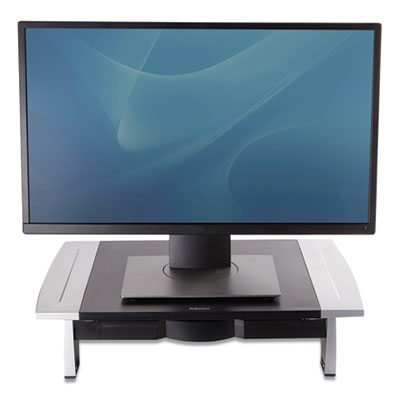 FELLOWES MFG. CO. Office Suites Standard Monitor Riser, For 21" Monitors, 19.78" x 14.06" x 4" to 6.5", Black/Silver, Supports 80 lbs