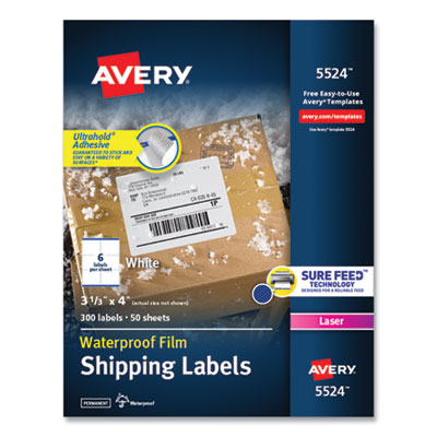 AVERY PRODUCTS CORPORATION Waterproof Shipping Labels with TrueBlock and Sure Feed, Laser Printers, 3.33 x 4, White, 6/Sheet, 50 Sheets/Pack