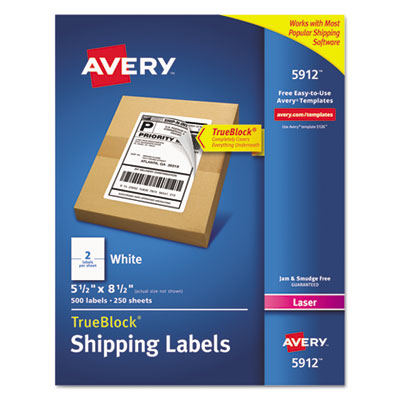 AVERY PRODUCTS CORPORATION Shipping Labels w/ TrueBlock Technology, Laser Printers, 5.5 x 8.5, White, 2/Sheet, 250 Sheets/Box