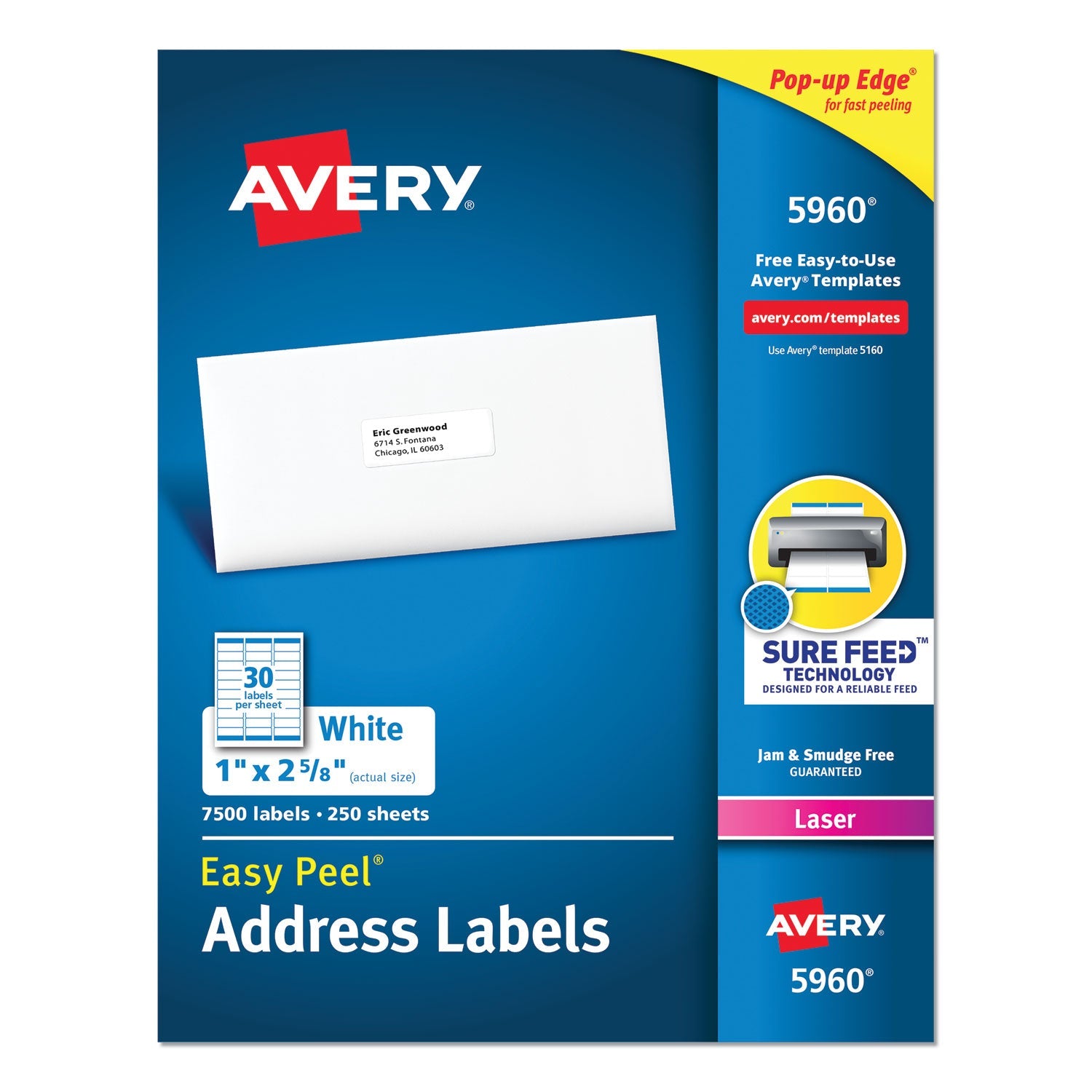 Easy Peel White Address Labels w/ Sure Feed Technology, Laser Printers, 1 x 2.63, White, 30/Sheet, 250 Sheets/Pack