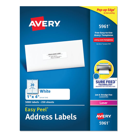 Easy Peel White Address Labels w/ Sure Feed Technology, Laser Printers, 1 x 4, White, 20/Sheet, 250 Sheets/Box