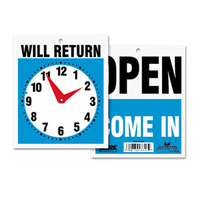 Headline® Sign Double-Sided Open/Will Return Sign with Clock Hands, Plastic, 7.5 x 9 - OrdermeInc