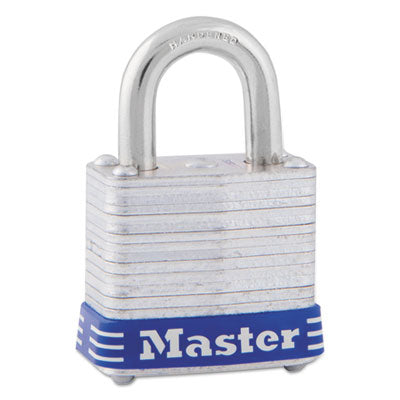 Master Lock® Four-Pin Tumbler Lock, Laminated Steel Body, 1.12" Wide, Silver/Blue, 2 Keys - OrdermeInc