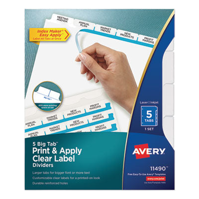 Print and Apply Index Maker Clear Label Dividers, Big Tab, 5-Tab, White Tabs, 11 x 8.5, White, 1 Set OrdermeInc OrdermeInc