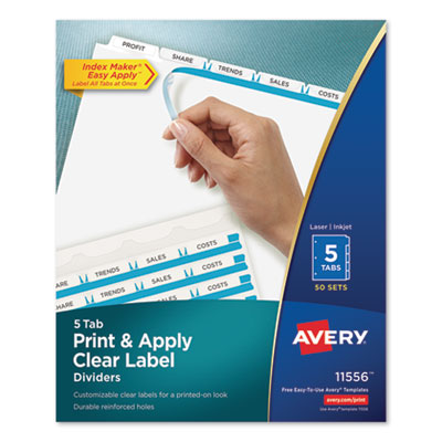Print and Apply Index Maker Clear Label Dividers, 5-Tab, White Tabs, 11 x 8.5, White, 50 Sets OrdermeInc OrdermeInc