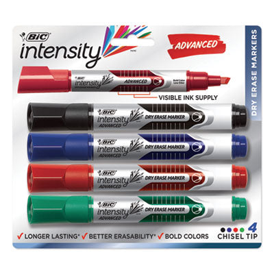 BIC CORP. Intensity Advanced Dry Erase Marker, Tank-Style, Broad Chisel Tip, Assorted Colors, 4/Pack