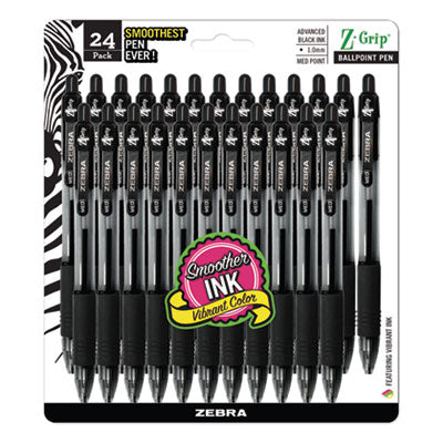 Zebra® Z-Grip Ballpoint Pen, Retractable, Medium 1 mm, Black Ink, Clear/Black Barrel, 24/Pack - OrdermeInc