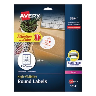 AVERY PRODUCTS CORPORATION Permanent Laser Print-to-the-Edge ID Labels w/SureFeed, 2 1/2"dia, White, 300/PK - OrdermeInc