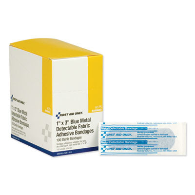 Adhesive Blue Metal Detectable Bandages, 1 x 3, Plastic with Foil, 100/Box, 12 Boxes/Carton OrdermeInc OrdermeInc