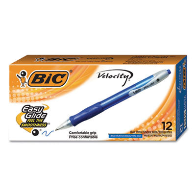 BIC CORP. Velocity Easy Glide Ballpoint Pen, Retractable, Medium 1 mm, Blue Ink, Translucent Blue Barrel, Dozen