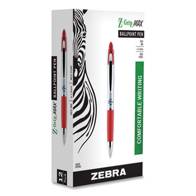 Zebra® Z-Grip MAX Ballpoint Pen, Retractable, Medium 1 mm, Red Ink, Silver/Red Barrel, 12/Pack - OrdermeInc