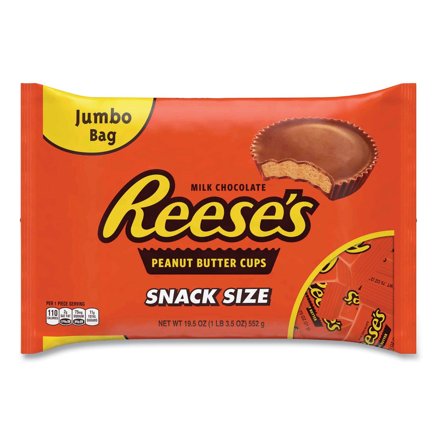 19.5 oz jumbo bag of snack size peanut butter cups with clear branding and product imagery product-image