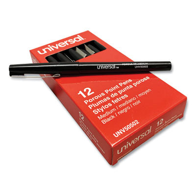 Universal™ Porous Point Pen, Stick, Medium 0.7 mm, Black Ink, Black Barrel, Dozen - OrdermeInc