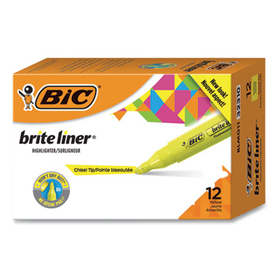 BIC CORP. Brite Liner Tank-Style Highlighter, Fluorescent Yellow Ink, Chisel Tip, Yellow/Black Barrel, Dozen