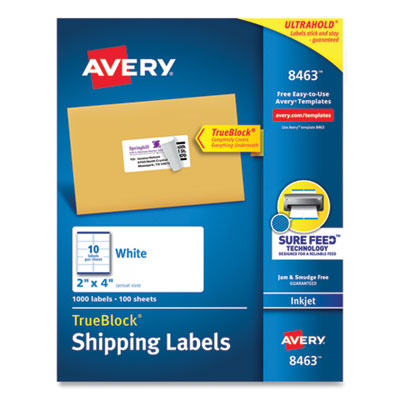 AVERY PRODUCTS CORPORATION Shipping Labels w/ TrueBlock Technology, Inkjet Printers, 2 x 4, White, 10/Sheet, 100 Sheets/Box
