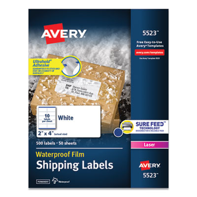 AVERY PRODUCTS CORPORATION Waterproof Shipping Labels with TrueBlock and Sure Feed, Laser Printers, 2 x 4, White, 10/Sheet, 50 Sheets/Pack