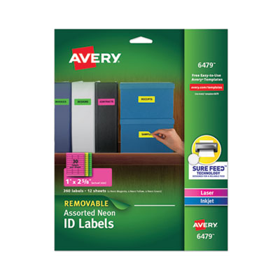 AVERY PRODUCTS CORPORATION High-Vis Removable Laser/Inkjet ID Labels w/ Sure Feed, 1 x 2.63, Neon, 360/PK