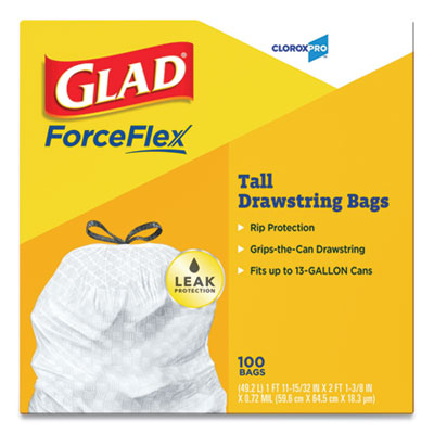 CLOROX SALES CO. Tall Kitchen Drawstring Trash Bags, 13 gal, 0.72 mil, 24" x 27.38", Gray, 100/Box