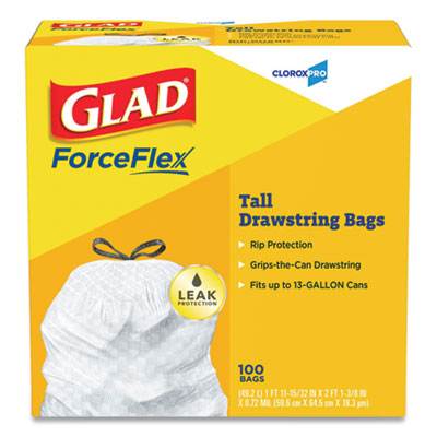 CLOROX SALES CO. Tall Kitchen Drawstring Trash Bags, 13 gal, 0.72 mil, 24" x 27.38", Gray, 100/Box