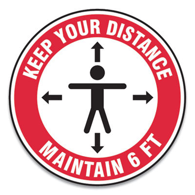 Slip-Gard Social Distance Floor Signs, 17" Circle, "Keep Your Distance Maintain 6 ft", Human/Arrows, Red/White, 25/Pack OrdermeInc OrdermeInc