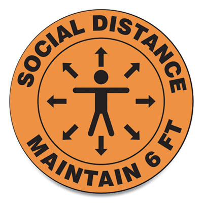 Slip-Gard Social Distance Floor Signs, 12" Circle, "Social Distance Maintain 6 ft", Human/Arrows, Orange, 25/Pack OrdermeInc OrdermeInc
