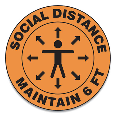 Slip-Gard Social Distance Floor Signs, 17" Circle, "Social Distance Maintain 6 ft", Human/Arrows, Orange, 25/Pack OrdermeInc OrdermeInc
