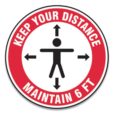 Slip-Gard Social Distance Floor Signs, 12" Circle, "Keep Your Distance Maintain 6 ft", Human/Arrows, Red/White, 25/Pack OrdermeInc OrdermeInc