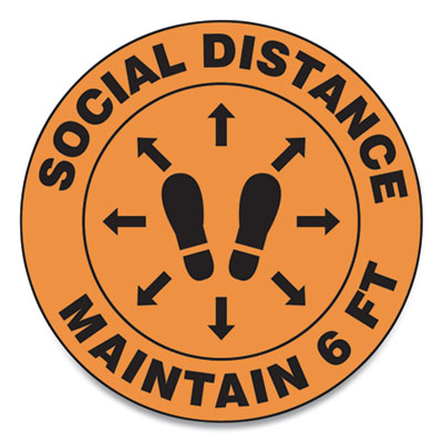 Slip-Gard Social Distance Floor Signs, 12" Circle, "Social Distance Maintain 6 ft", Footprint, Orange, 25/Pack OrdermeInc OrdermeInc