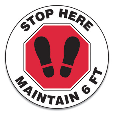 Slip-Gard Social Distance Floor Signs, 12" Circle, "Stop Here Maintain 6 ft", Footprint, Red/White, 25/Pack OrdermeInc OrdermeInc