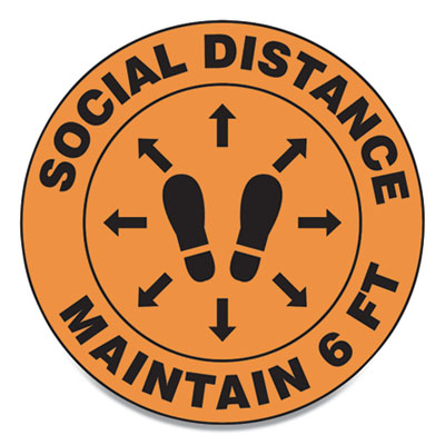 Slip-Gard Social Distance Floor Signs, 17" Circle, "Social Distance Maintain 6 ft", Footprint, Orange, 25/Pack OrdermeInc OrdermeInc