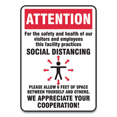 Social Distance Signs, Wall, 10 x 14, Visitors and Employees Distancing, Humans/Arrows, Red/White, 10/Pack OrdermeInc OrdermeInc