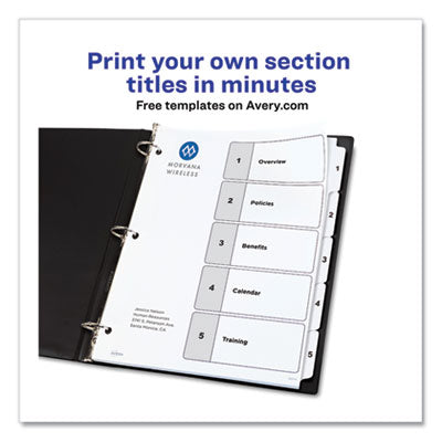 Customizable Table of Contents Ready Index Black and White Dividers, 5-Tab, 1 to 5, 11 x 8.5, White, 6 Sets