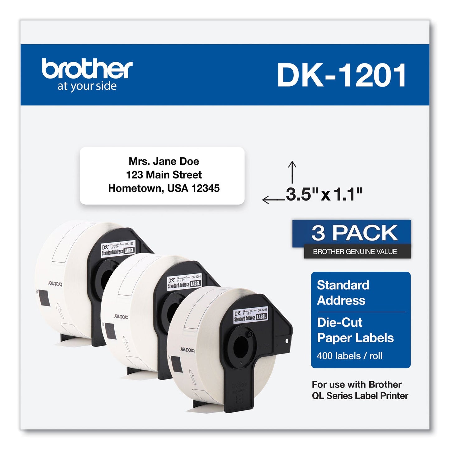 BROTHER INTL. CORP. Die-Cut Address Labels, 1.1 x 3.5, White, 400 Labels/Roll, 3 Rolls/Pack