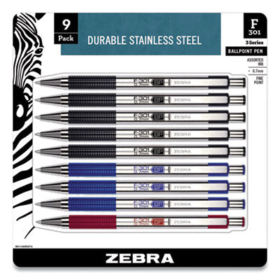 Zebra® F-301 Ballpoint Pen, Retractable, Fine 0.7 mm, Assorted Ink and Barrel Colors, 9/Pack OrdermeInc OrdermeInc