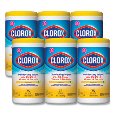 Clorox® Disinfecting Wipes, 1-Ply, 7 x 7.75, Crisp Lemon, White, 75/Canister, 6 Canisters/Carton OrdermeInc OrdermeInc