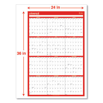 UNIVERSAL OFFICE PRODUCTS Erasable Wall Calendar, 24 x 36, White/Red Sheets, 12-Month (Jan to Dec): 2024