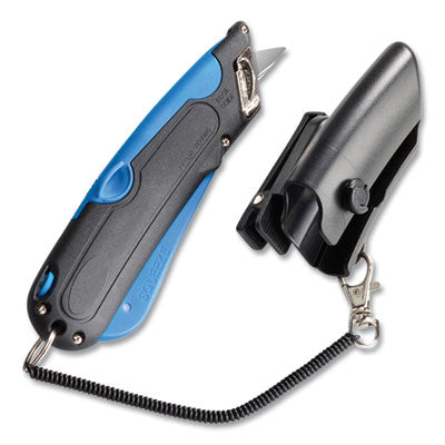 CONSOLIDATED STAMP Easycut Self-Retracting Cutter with Safety-Tip Blade, Holster and Lanyard, 6" Plastic Handle, Black/Blue