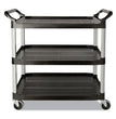 RUBBERMAID COMMERCIAL PROD. Three-Shelf Service Cart, Plastic, 3 Shelves, 200 lb Capacity, 18.63" x 33.63" x 37.75", Black