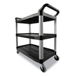 RUBBERMAID COMMERCIAL PROD. Three-Shelf Service Cart, Plastic, 3 Shelves, 200 lb Capacity, 18.63" x 33.63" x 37.75", Black