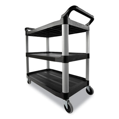 RUBBERMAID COMMERCIAL PROD. Three-Shelf Service Cart, Plastic, 3 Shelves, 200 lb Capacity, 18.63" x 33.63" x 37.75", Black