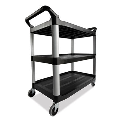 RUBBERMAID COMMERCIAL PROD. Three-Shelf Service Cart, Plastic, 3 Shelves, 200 lb Capacity, 18.63" x 33.63" x 37.75", Black