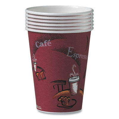 DART Paper Hot Drink Cups in Bistro Design, 12 oz, Maroon, 300/Carton