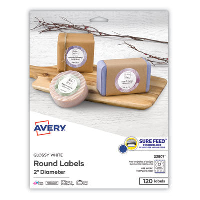 AVERY PRODUCTS CORPORATION Round Print-to-the Edge Labels with Sure Feed and Easy Peel, 2" dia, Glossy White, 120/PK